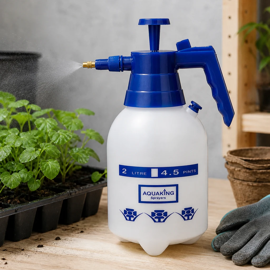 Pulverizador manual Aquaking de 2 L, con depósito blanco y asa azul, representado rociando hacia unas plantas junto a macetas y guantes. Pulverizador manual Aquaking de 2 L, con depósito blanco y asa azul, representado rociando hacia unas plantas junto a macetas y guantes.