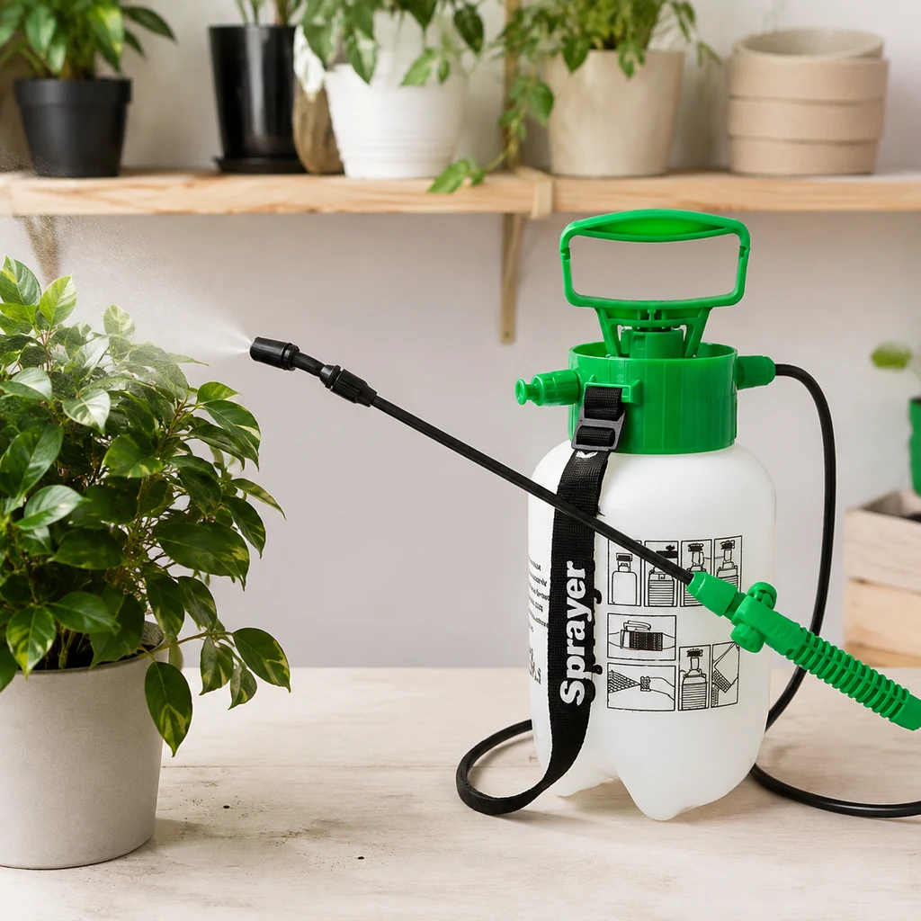 Pulverizador de depósito blanco con asa verde, correa negra y lanza orientada hacia una planta, con una nube de pulverización visible. Pulverizador de depósito blanco con asa verde, correa negra y lanza orientada hacia una planta, con una nube de pulverización visible.