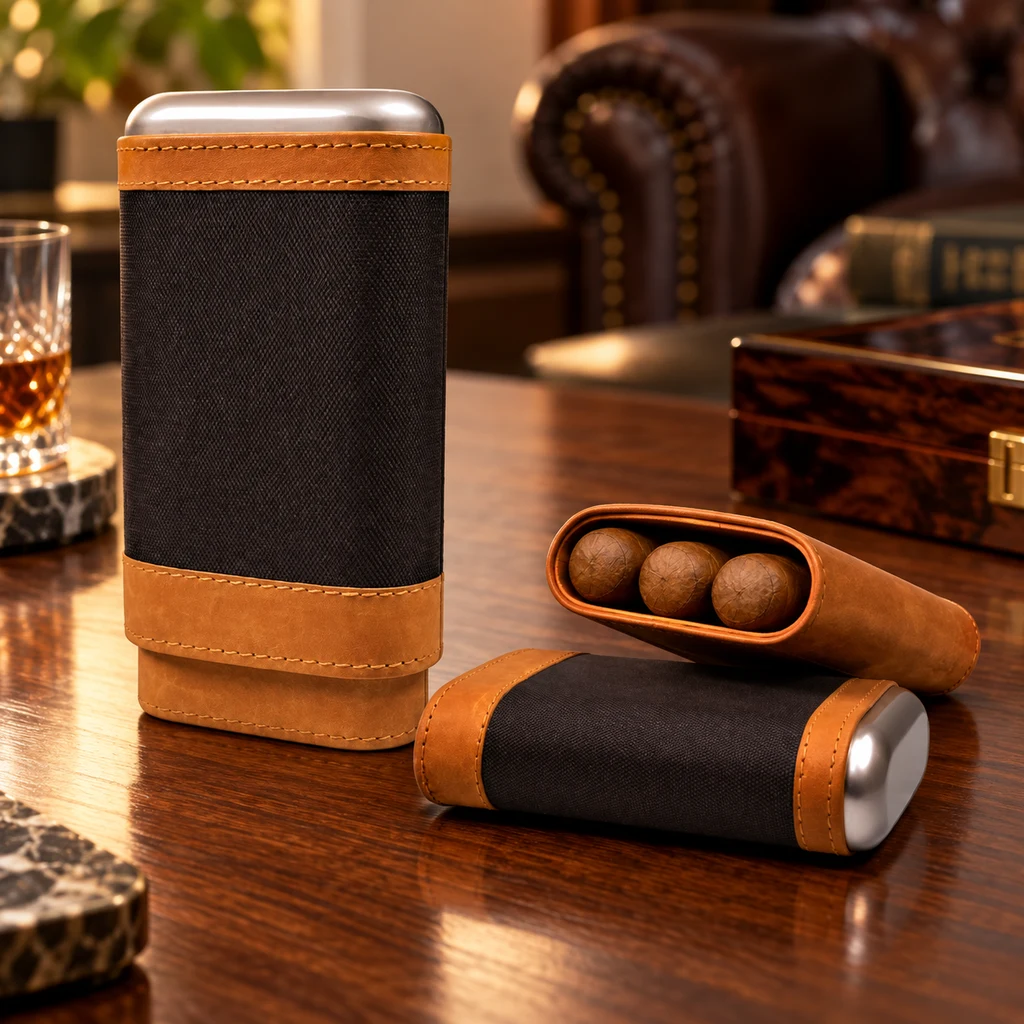 Estuches para puros con zonas marrones y negras y extremos plateados sobre una mesa; uno abierto muestra tres puros.