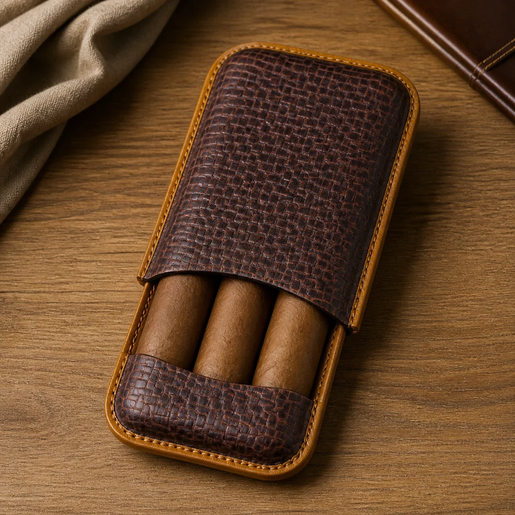 Estuche marrón para puros, parcialmente abierto, con textura de escamas y bordes cosidos, sobre una mesa de madera.
