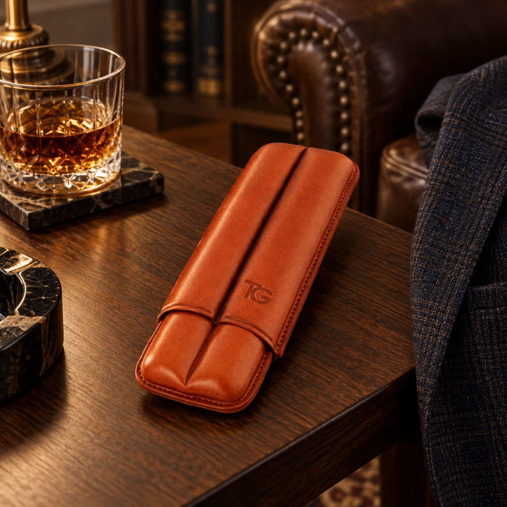 Purera de cuero Habana marrón rojiza con costuras y relieve TG, sobre una mesa de madera junto a un vaso y un cenicero.