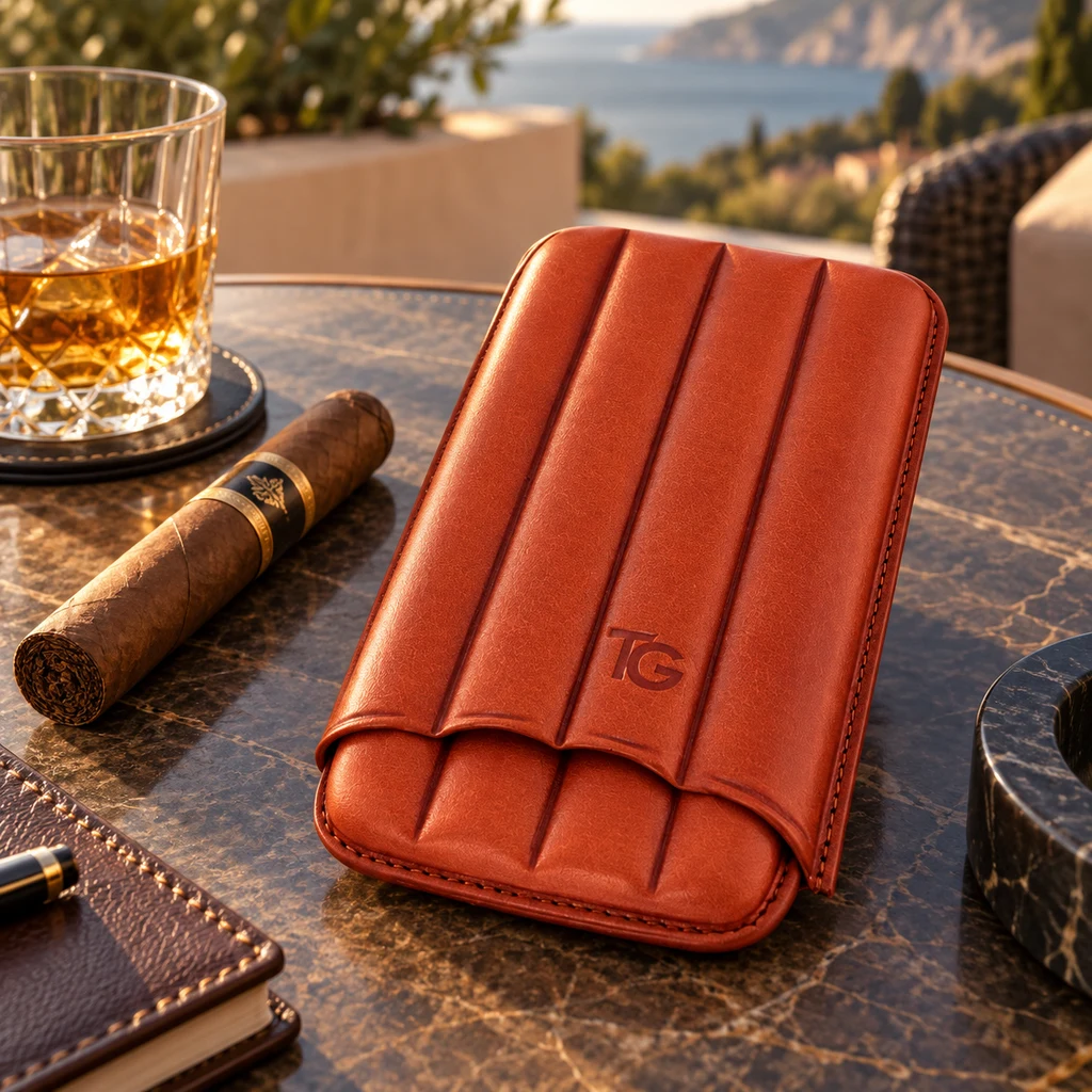 Estuche Habana marrón rojizo con cuatro relieves y costuras visibles, sobre una mesa junto a un puro y un vaso con bebida ámbar.