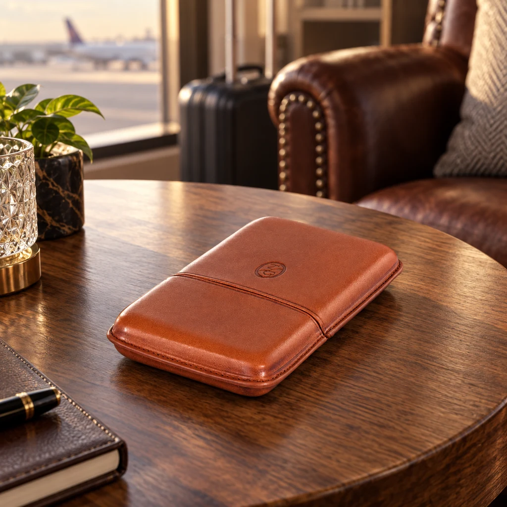 Estuche marrón para puros, cerrado con una banda y un emblema central, sobre una mesa de madera junto a una ventana con vistas a un avión.
