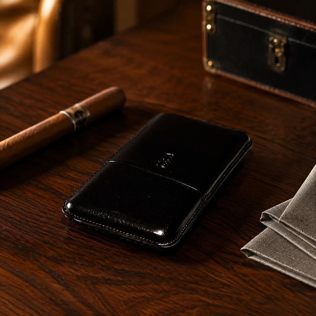 Estuche negro cerrado para puros sobre una mesa de madera, junto a un puro, una caja oscura al fondo y una tela gris.