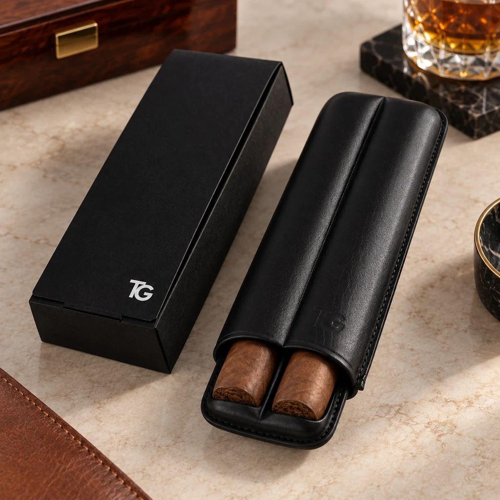 Estuche negro abierto con dos puros junto a una caja negra con logotipo TG, sobre una mesa clara con un vaso al fondo.