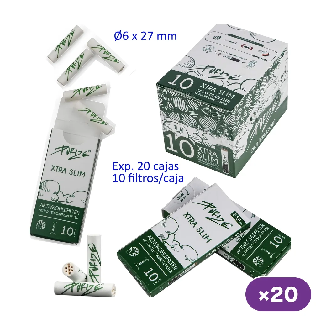 Filtros blancos Purize Xtra Slim de 6 × 27 mm, sueltos y en cajitas verdes y blancas de 10, junto a un expositor de 20 cajas.