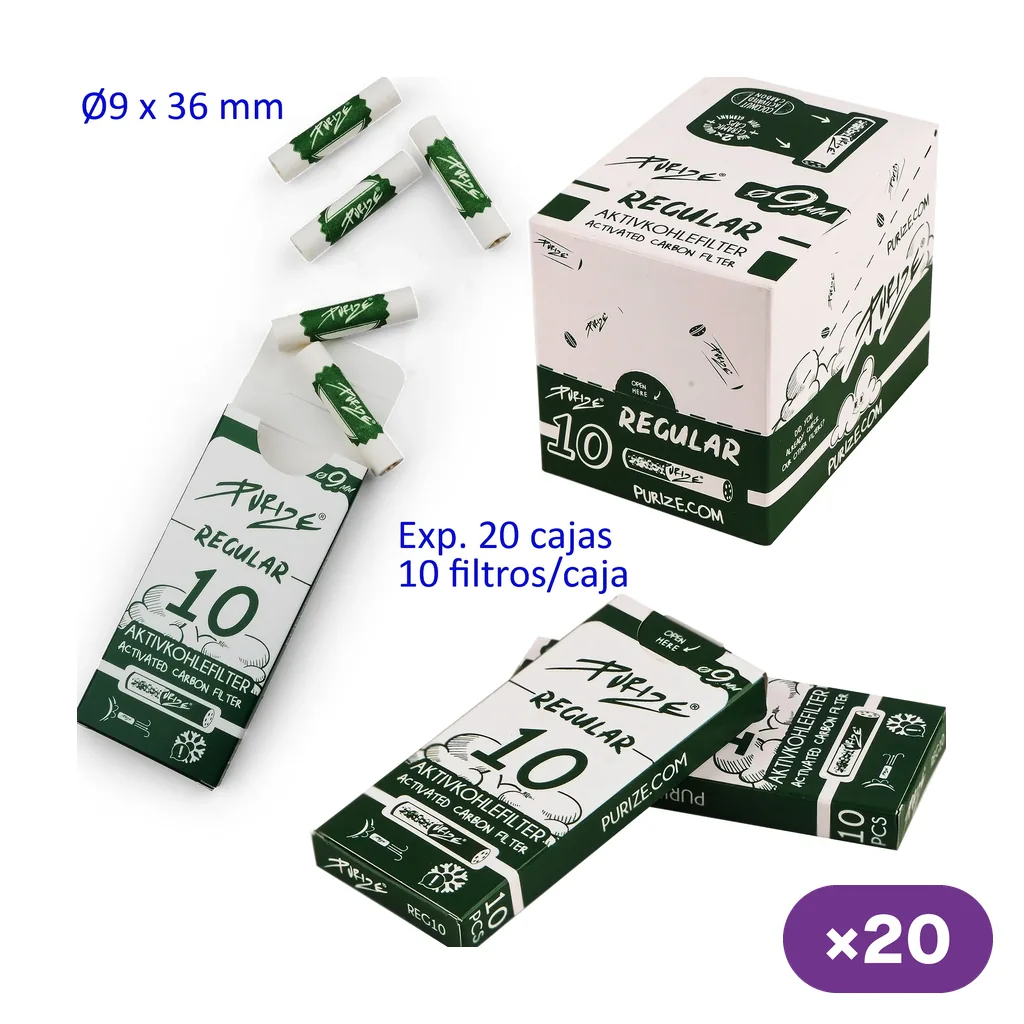 Filtros Purize Regular blancos con bandas verdes, junto a cajitas de 10 y una caja expositora; se indican 9 × 36 mm y 20 cajas.