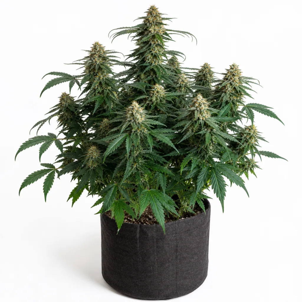 Planta de Purple #1 Feminizada de Dutch Passion en floración, con abundantes cogollos y hojas verdes en maceta de tela negra.