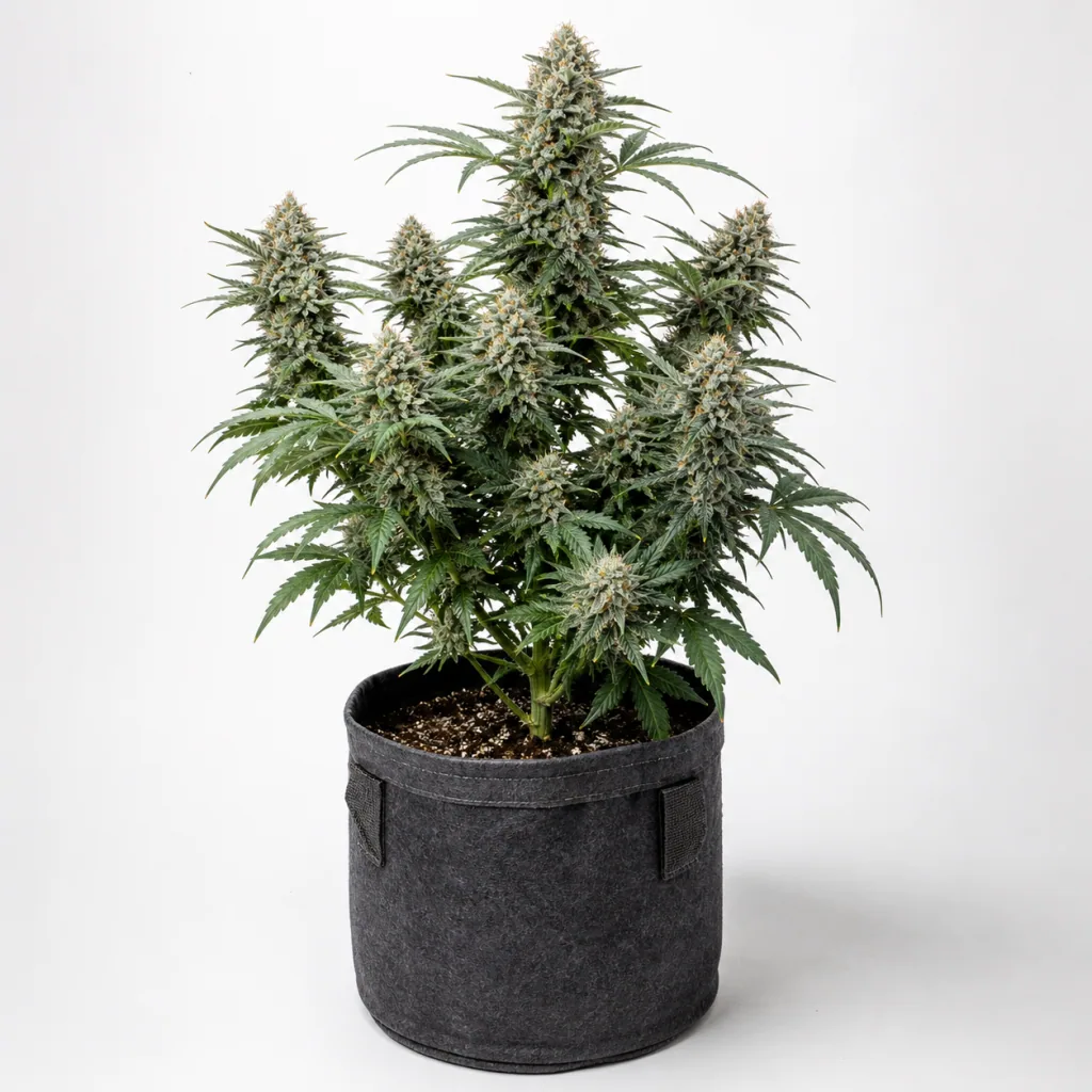 Planta de Purple Haze x Malawi Feminizada en maceta textil negra, con varios cogollos alargados y hojas verdes sobre fondo blanco.