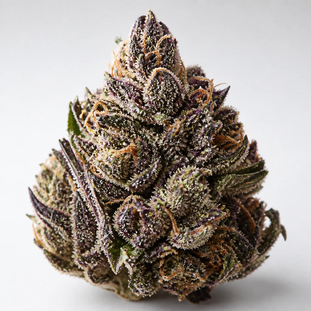 Ilustración de un cogollo para la ficha de Purple Haze Feminizada de White Label, con tonos morados, hojas verdes y pistilos anaranjados.