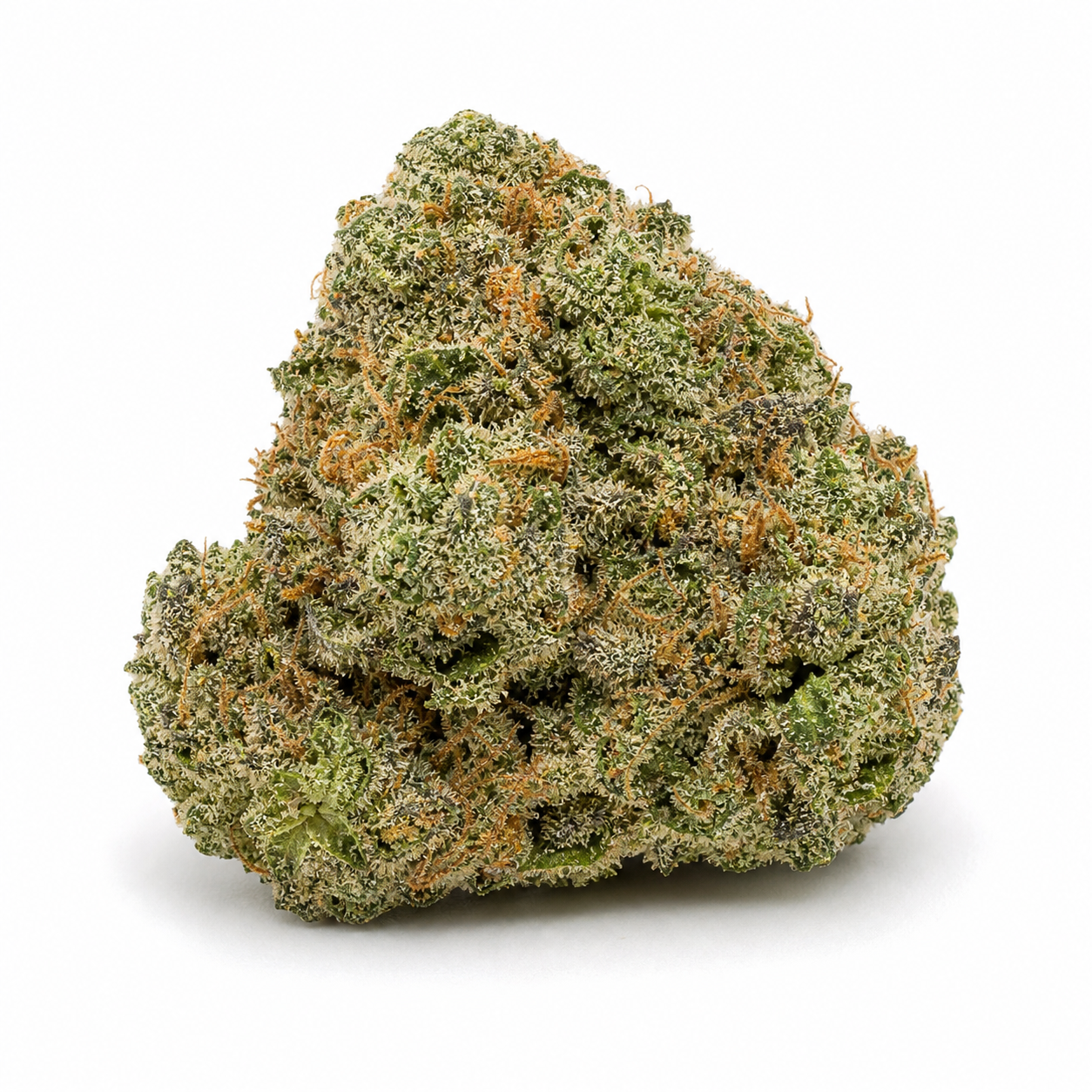 Cogollo de Purple Glam Kush Auto de Bulk Seeds sobre fondo blanco, con forma triangular, tonos verdes y numerosos filamentos anaranjados.