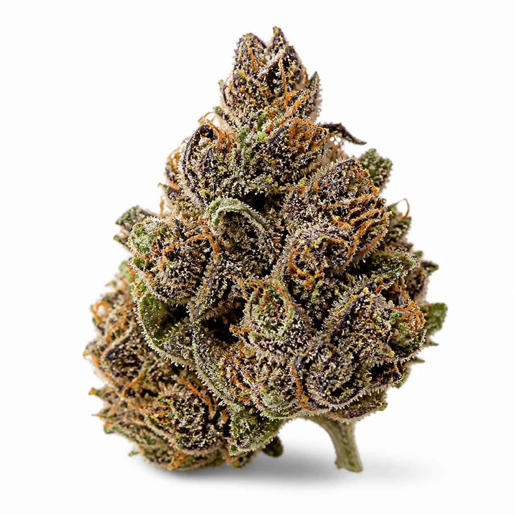 Ilustración de un cogollo para la ficha de Purple Lemonade Auto RF3, con tonos morados y verdes, filamentos anaranjados y superficie cristalina.