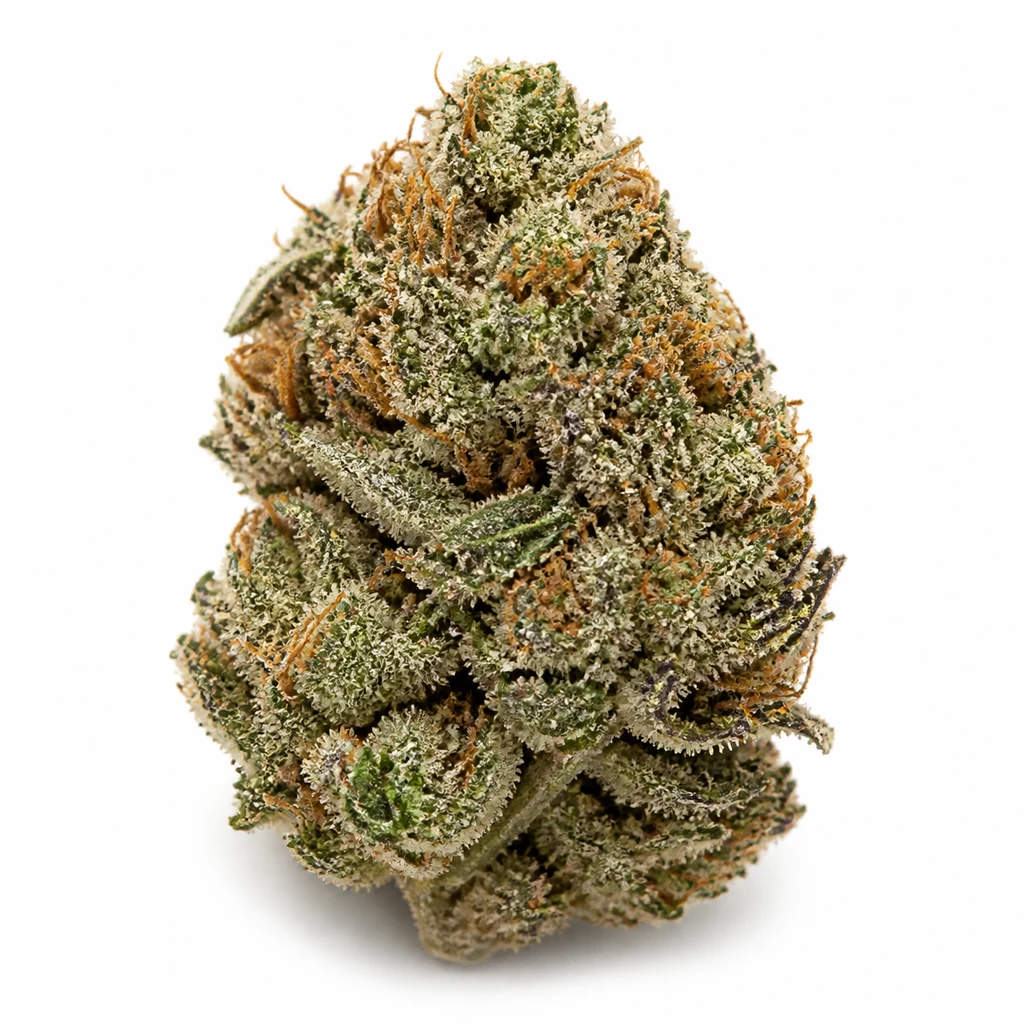 Ilustración de un cogollo alargado verde con zonas moradas, filamentos naranjas y cobertura blanquecina para la ficha de Purple Punch Auto.