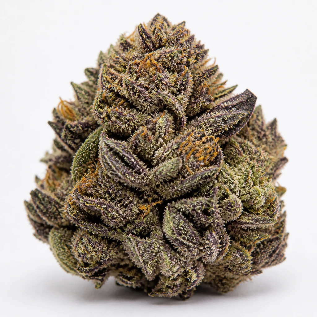 Ilustración de un cogollo compacto con hojas moradas, filamentos naranjas y superficie escarchada para la ficha de Purple Urkle Feminizada.