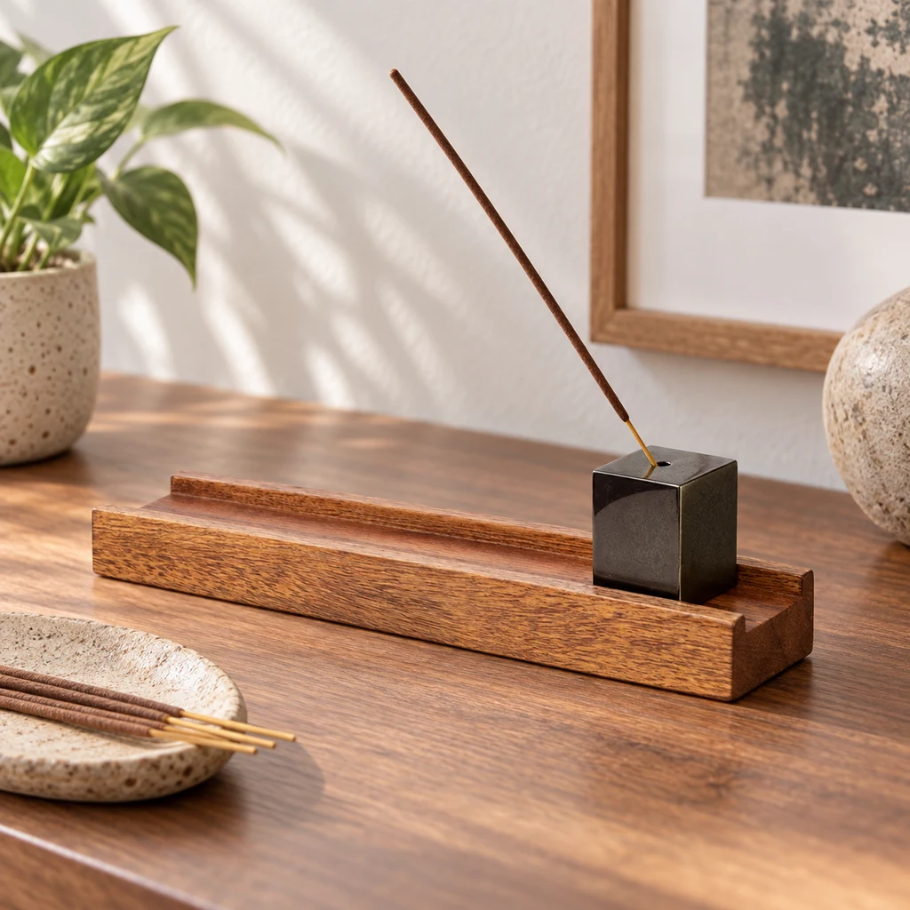 Quemador Black Paramita con base alargada de madera y soporte cúbico oscuro que sostiene una varilla de incienso inclinada.