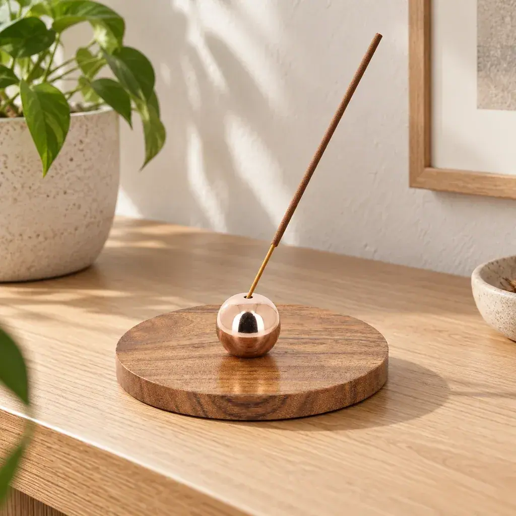 Quemador esférico de tono cobrizo con una varilla de incienso inclinada, sobre una base circular de madera en una mesa soleada.