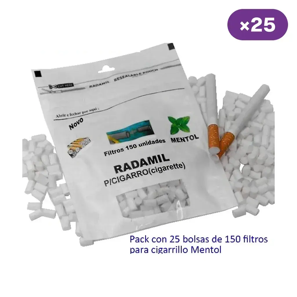 Bolsa de filtros Radamil Mentol rodeada de filtros blancos y cigarrillos; el texto indica 25 bolsas de 150 filtros.