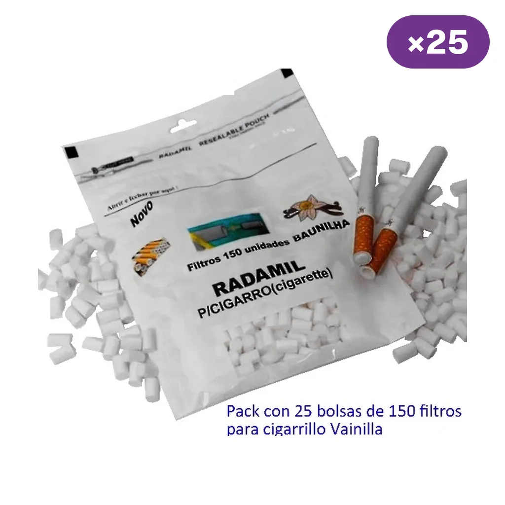 Bolsa Radamil de filtros de vainilla rodeada de filtros blancos y cigarrillos; el texto indica 25 bolsas de 150 filtros. Bolsa Radamil de filtros de vainilla rodeada de filtros blancos y cigarrillos; el texto indica 25 bolsas de 150 filtros.