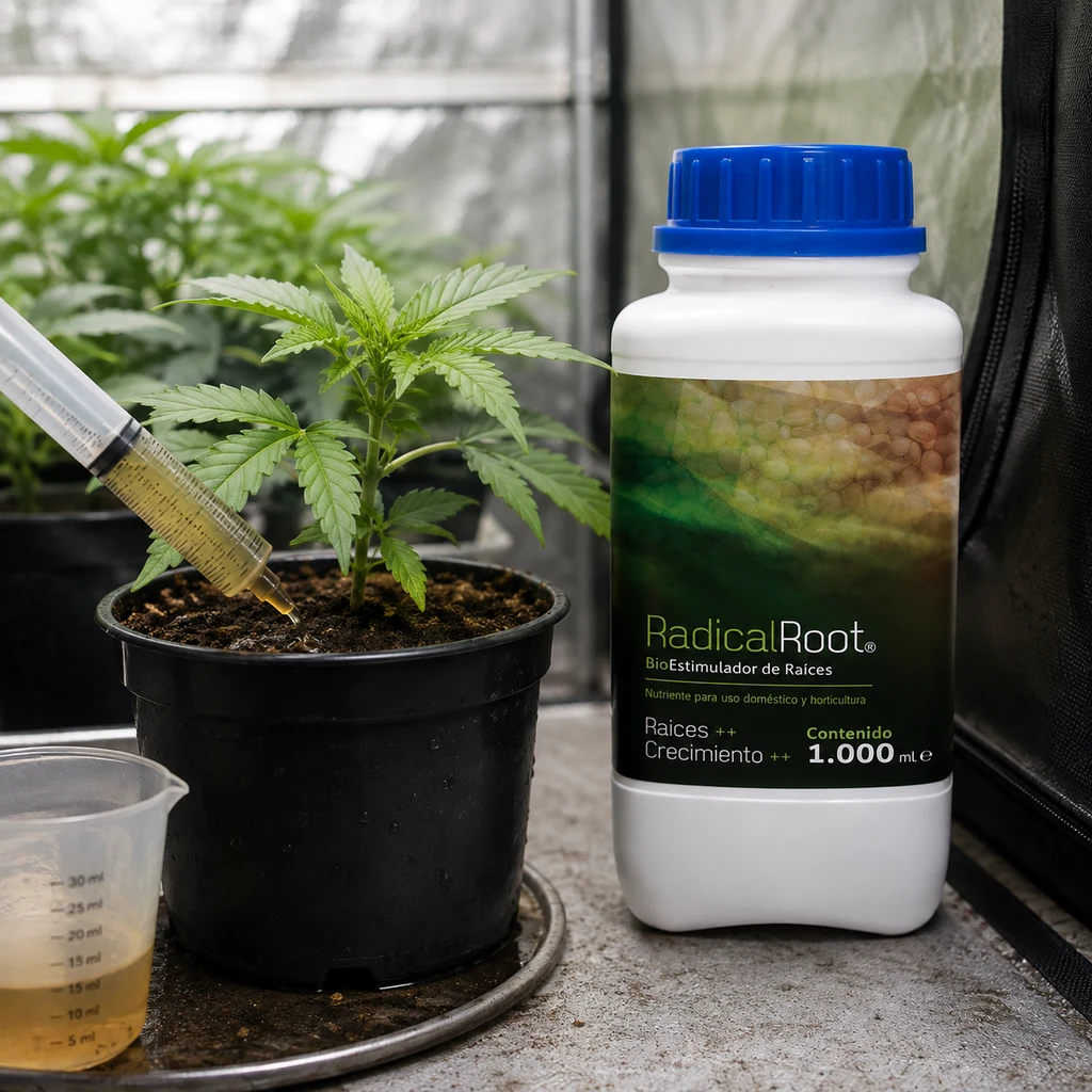 Escena generada de Radical Root junto a una planta en maceta, con una jeringa inclinada hacia el sustrato y un vaso graduado con líquido.