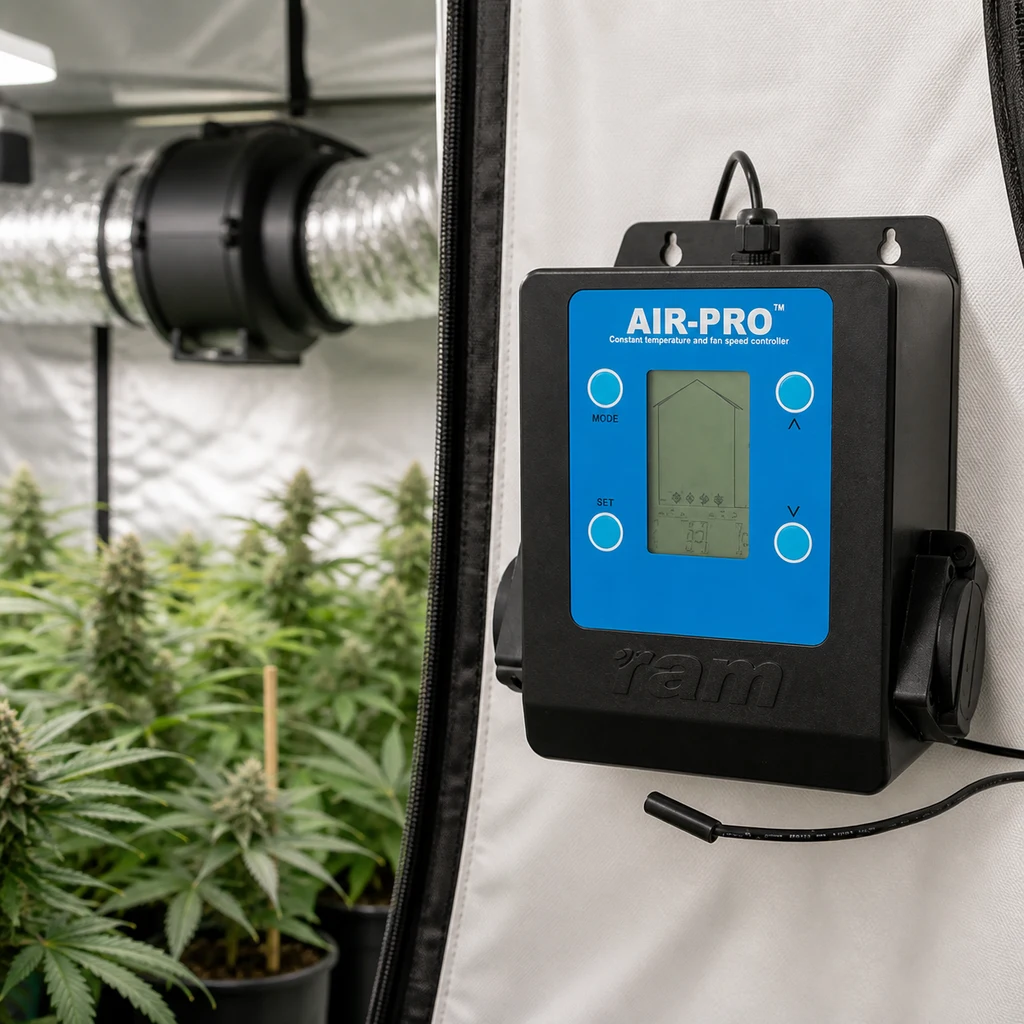 Controlador RAM AIR-PRO II con pantalla y botones, montado junto a un armario de cultivo con plantas y conducto de ventilación.