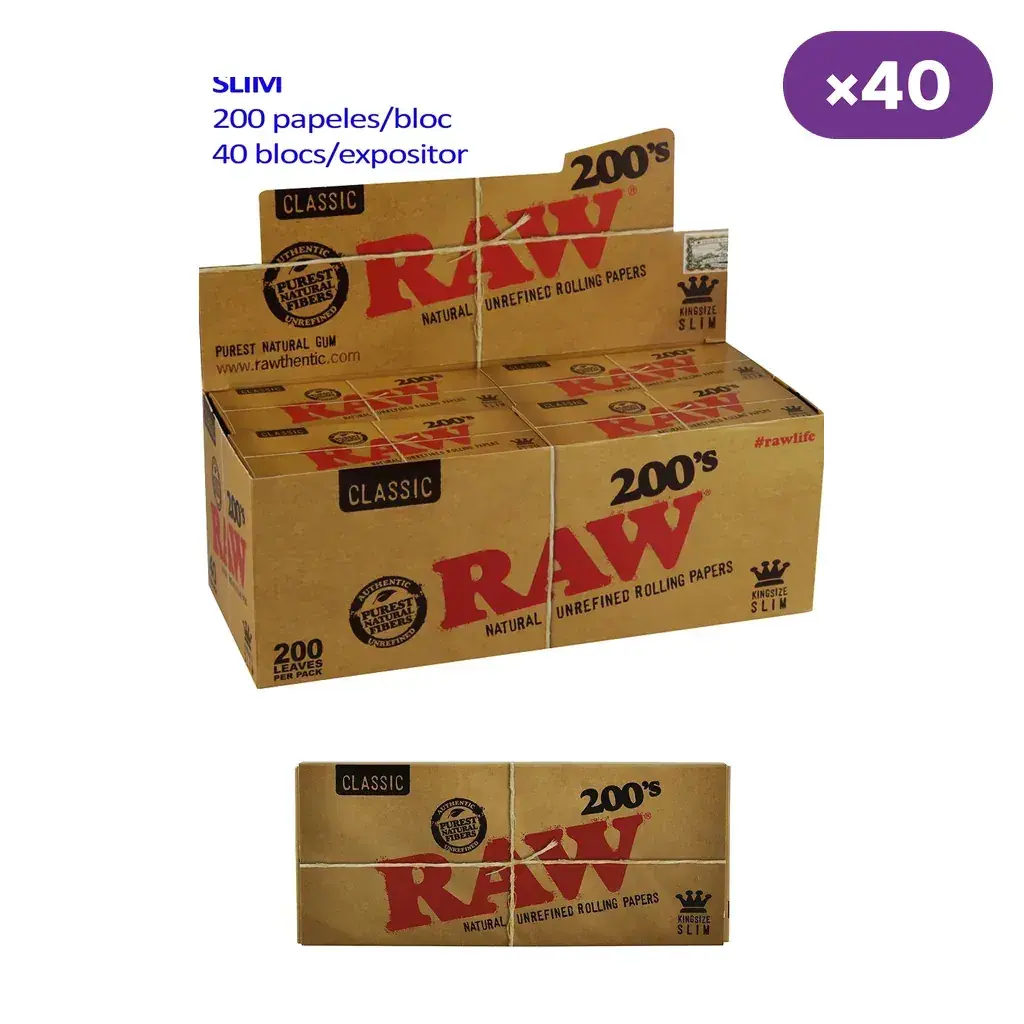 Expositor abierto de papel de liar RAW Classic Slim con libritos de 200 hojas y un librito separado sobre fondo blanco.