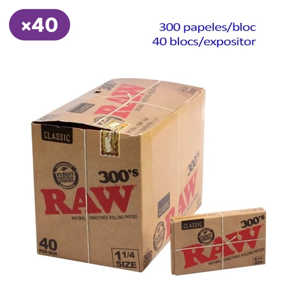 Caja RAW Classic 300’s y un bloc de papel de liar tamaño 1 1/4, con rótulos de 300 papeles por bloc y 40 blocs por expositor.