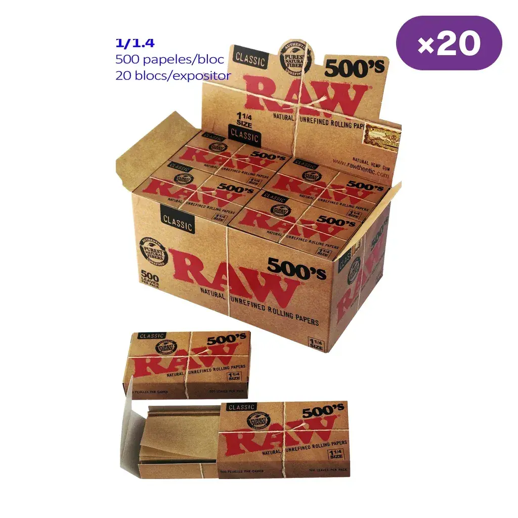 Expositor RAW Classic con varios libritos de papel 1 1/4, uno abierto delante, y rótulos de 500 papeles por bloc y 20 blocs.