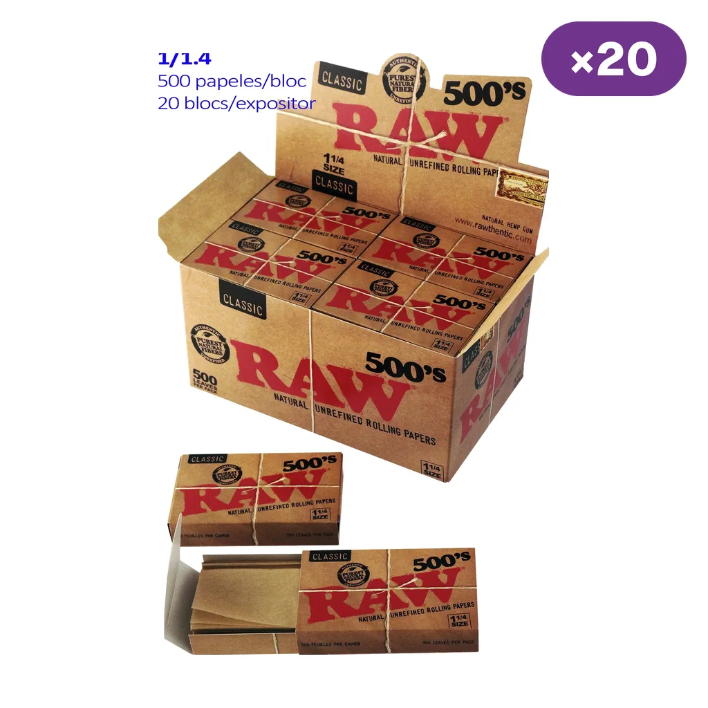Expositor RAW Classic con varios libritos de papel 1 1/4, uno abierto delante, y rótulos de 500 papeles por bloc y 20 blocs.