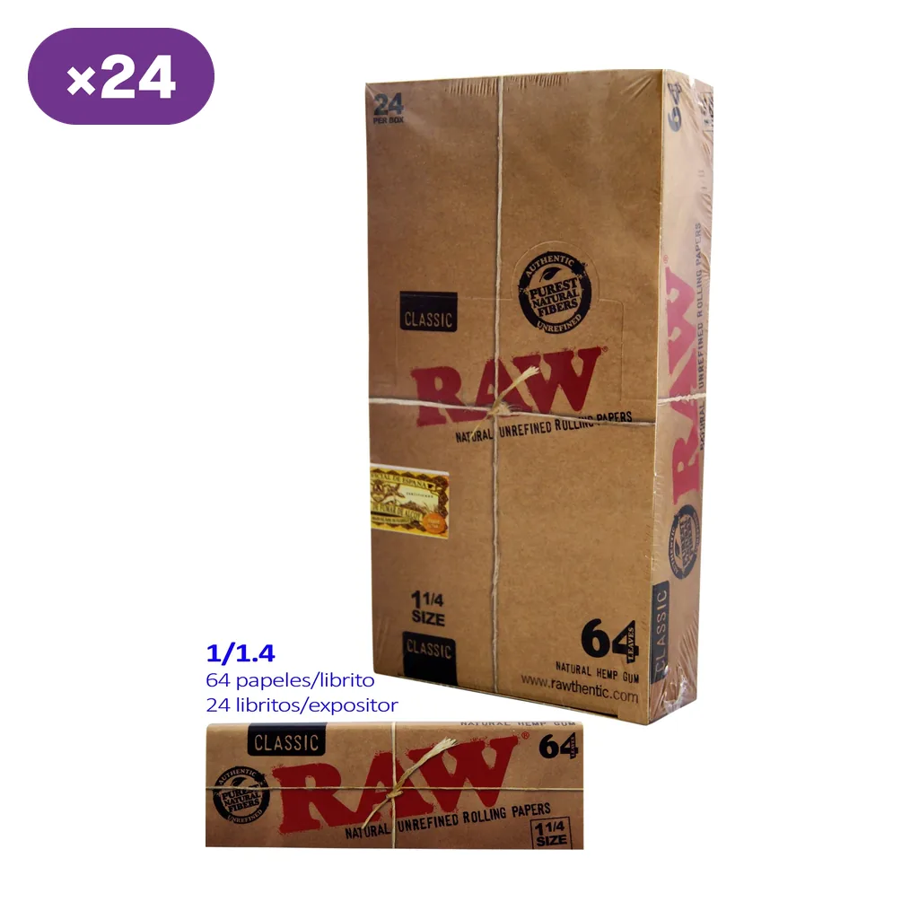 Caja de papel RAW Classic junto a un librito, con etiquetas de formato 1 1/4, 64 hojas por librito y 24 libritos por expositor.