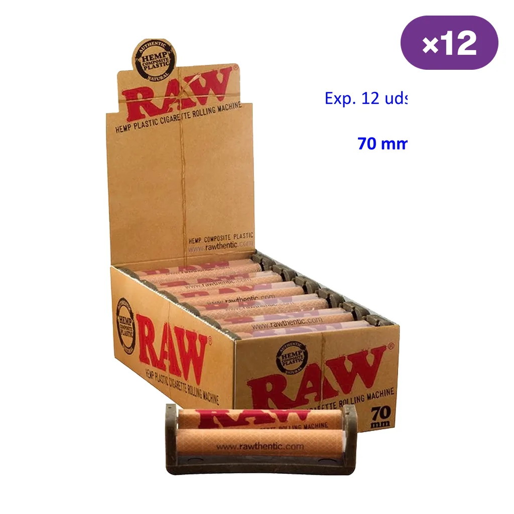 Caja expositora RAW con máquinas de liar alineadas y una unidad delante, sobre fondo blanco; indica 12 unidades.