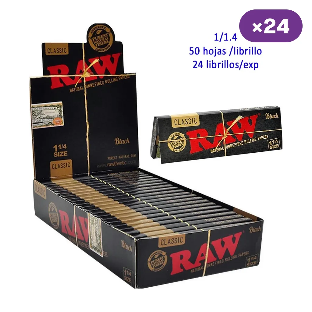 Expositor RAW Black con librillos negros y dorados y uno aparte; rótulos de formato 1 1/4, 50 hojas por librillo y 24 librillos por expositor.