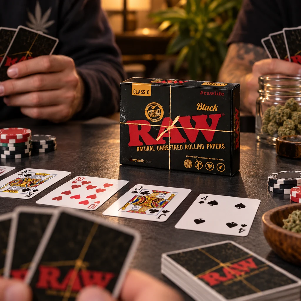 Escena de partida de cartas con dorsos RAW, fichas y una caja negra RAW Black en el centro, junto a un tarro con cogollos.