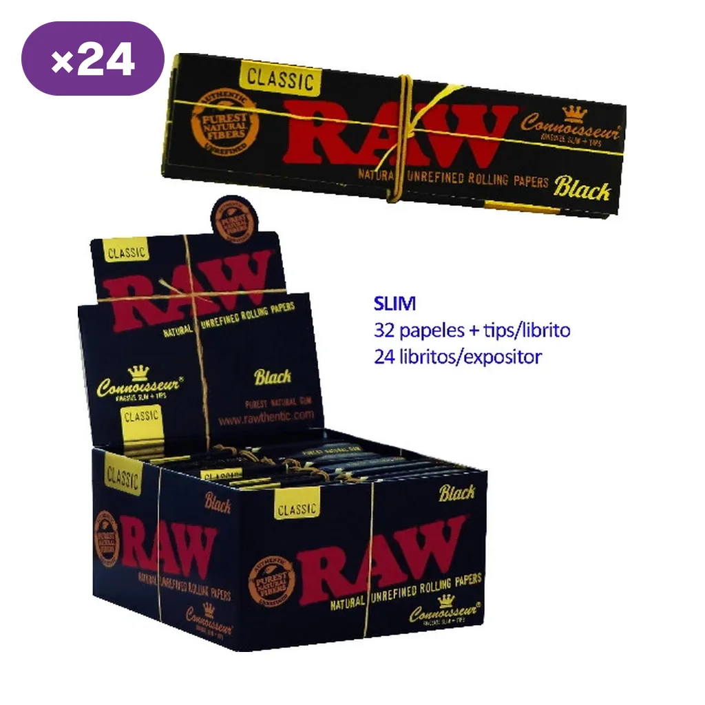Librito RAW Black Connoisseur KS Slim y expositor, con etiquetas que indican 32 papeles más tips por librito y 24 libritos por caja.