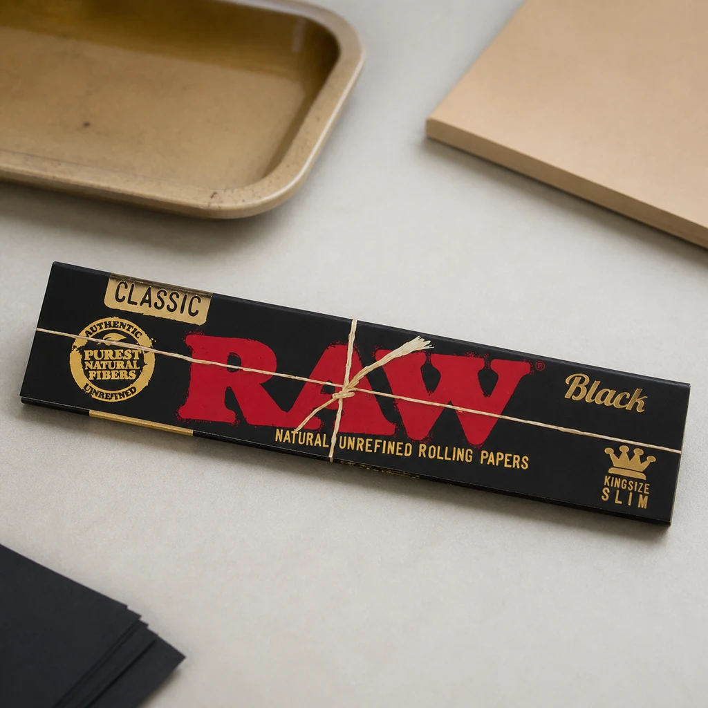 Paquete negro de papel RAW Black King Size Slim Classic, con letras rojas y doradas, sobre una mesa junto a una bandeja.