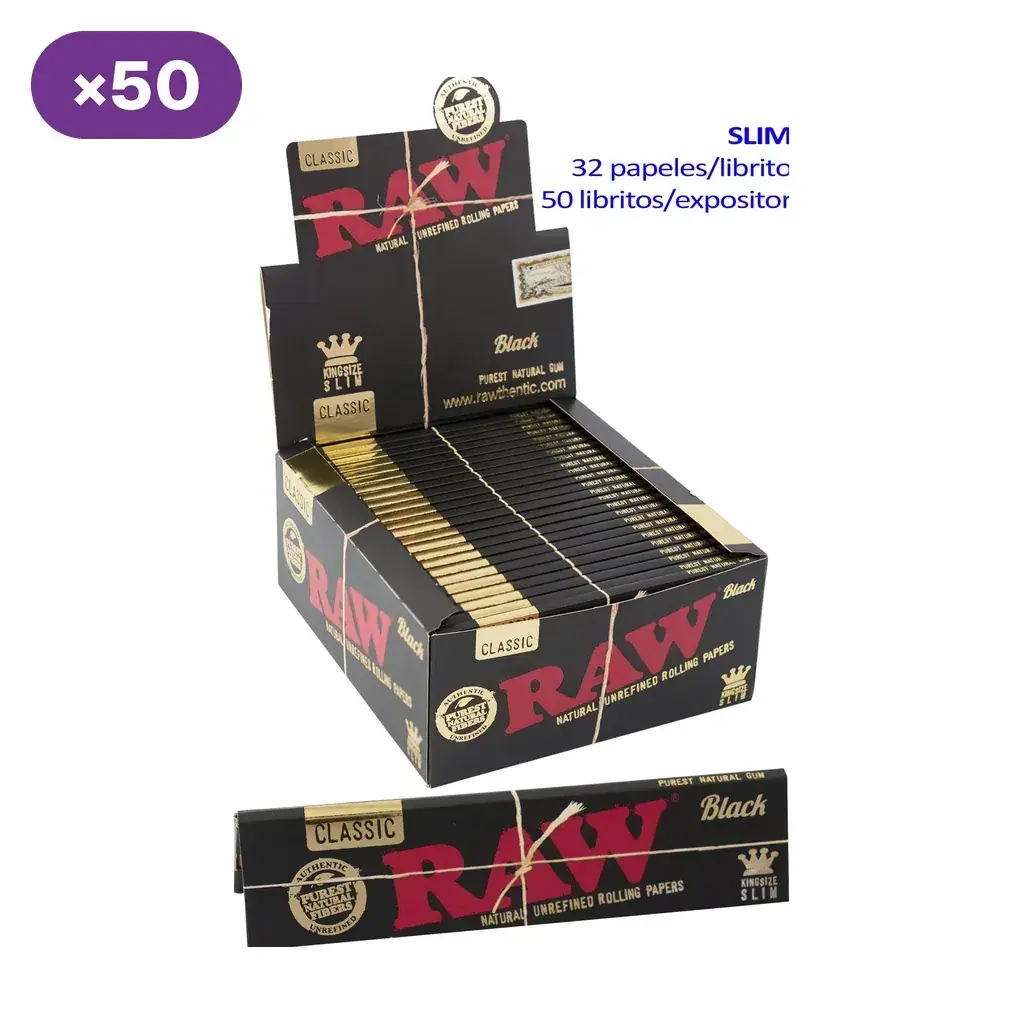 Expositor y librillo RAW Black King Size Slim en negro y dorado, con texto que indica 32 papeles por librito y 50 libritos por expositor.