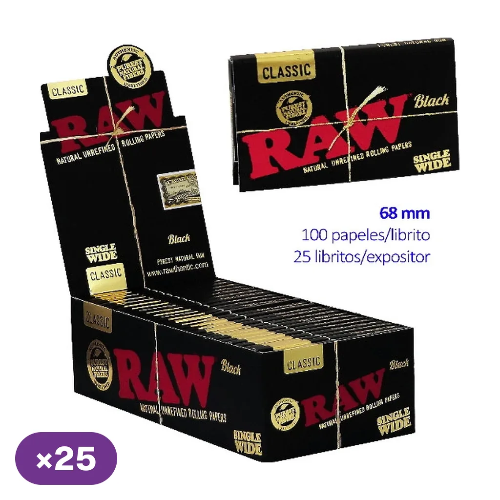 Expositor abierto de papel RAW Black Single Wide y un librito ampliado, con envases negros y texto de 100 papeles por librito y 25 libritos.