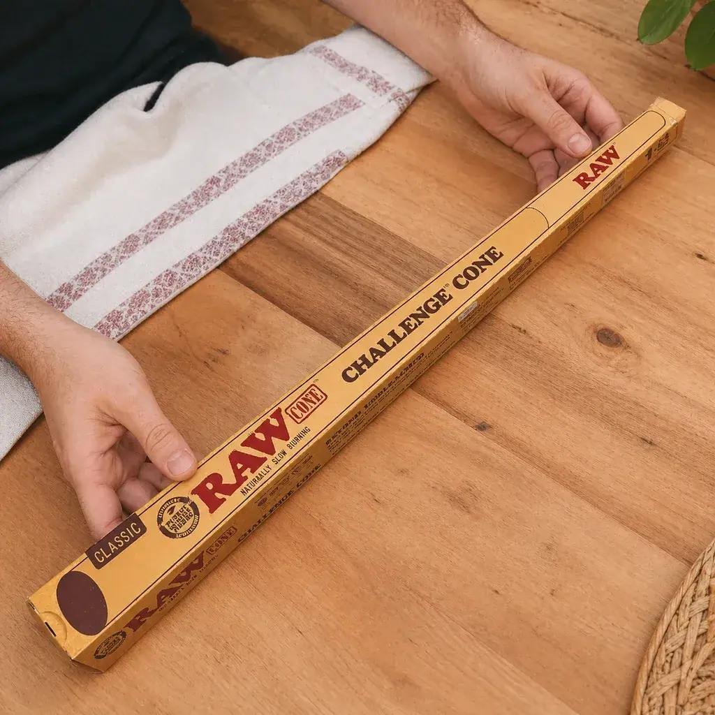 Manos sujetando sobre una mesa de madera una caja alargada RAW Challenge Cone, con letras rojas y negras.