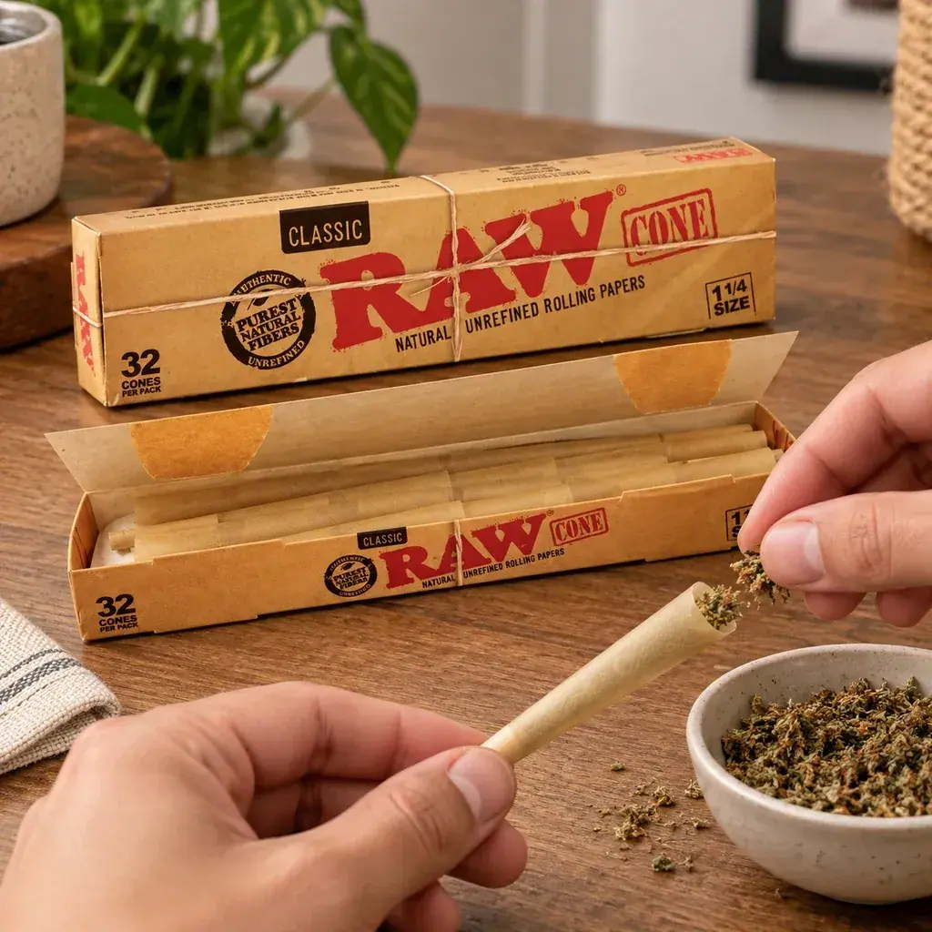 Unas manos rellenan un cono RAW con material vegetal junto a una caja abierta de conos Classic 1 ¼, rotulada con 32 unidades, sobre una mesa.