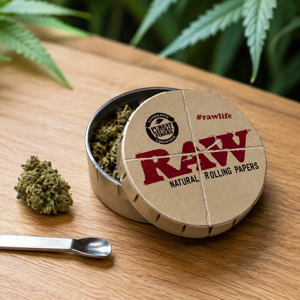 Caja metálica RAW Click Clack abierta sobre una mesa de madera, con contenido vegetal, la tapa apoyada y un cogollo al lado. Caja metálica RAW Click Clack abierta sobre una mesa de madera, con contenido vegetal, la tapa apoyada y un cogollo al lado.