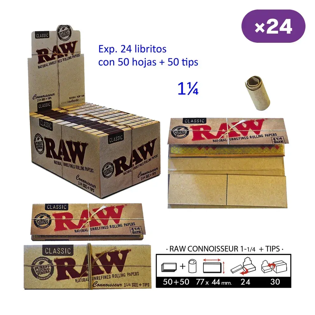 Expositor RAW Connoisseur 1 1/4 con libritos cerrados y uno abierto que muestra papel y tips; rótulo de 24 libritos con 50 hojas y 50 tips.