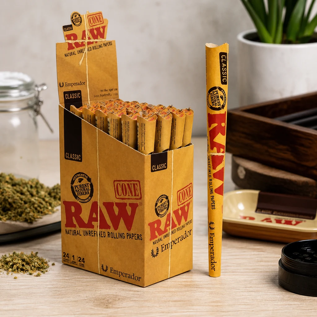 Expositor abierto de conos RAW Classic Emperador con varias unidades y una funda alargada de pie junto a una bandeja y un grinder.