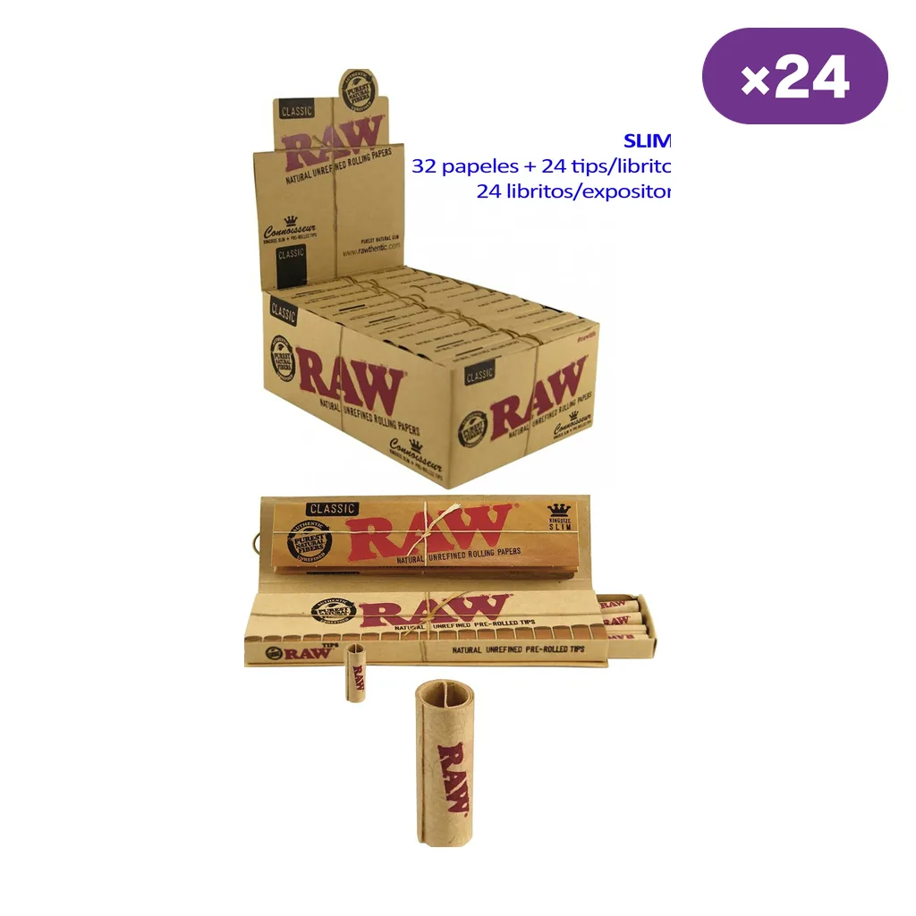 Expositor RAW Connoisseur King Size Slim con varios libritos, uno abierto mostrando papeles y tips preenrollados, y distintivo de 24 unidades.