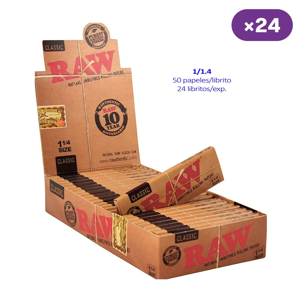 Expositor abierto de papel RAW Classic 1 1/4 con varios libritos marrones y texto que indica 50 papeles por librito y 24 libritos.