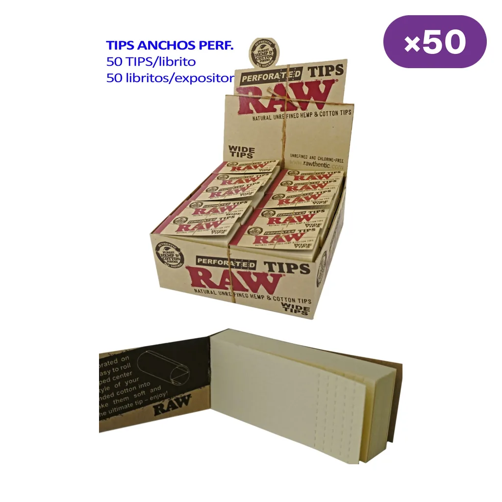 Expositor de libritos RAW Wide de tips perforados y un librito abierto; el texto indica 50 tips por librito y 50 libritos por expositor.