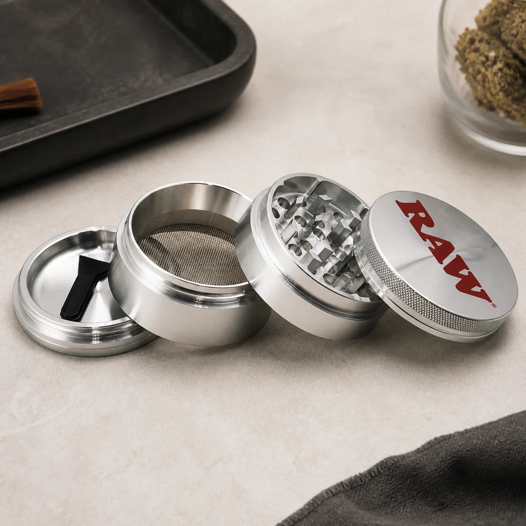 Grinder RAW plateado desmontado, con dientes, malla y pequeña espátula visibles; tapa con logotipo rojo apoyada a un lado.