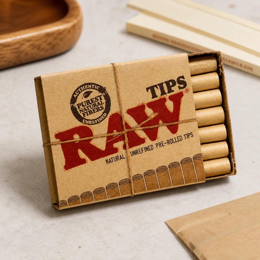 Caja RAW entreabierta con puntas de cartón preliadas visibles en un lateral y un cordel cruzado sobre la tapa.