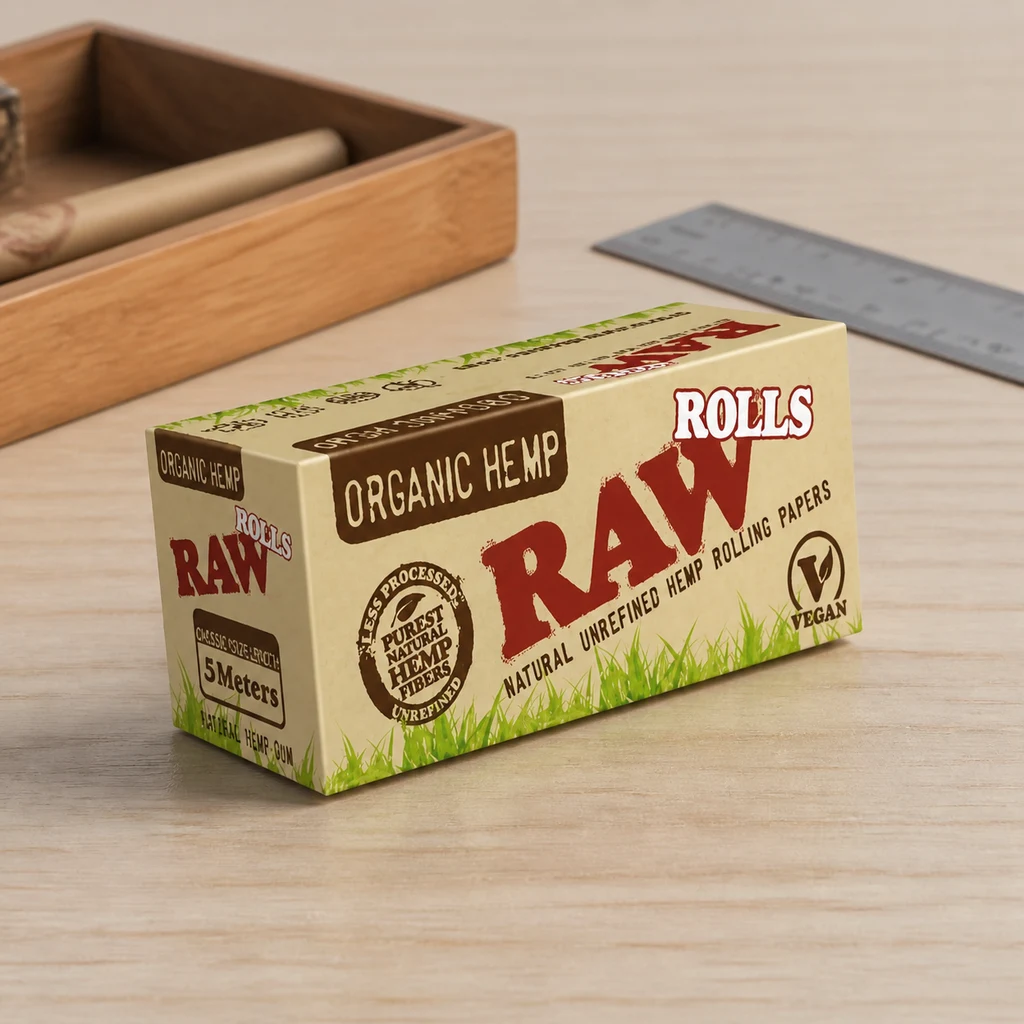 Caja RAW Organic Hemp Rolls con indicación de 5 metros sobre una mesa de madera, con una bandeja y una regla al fondo.