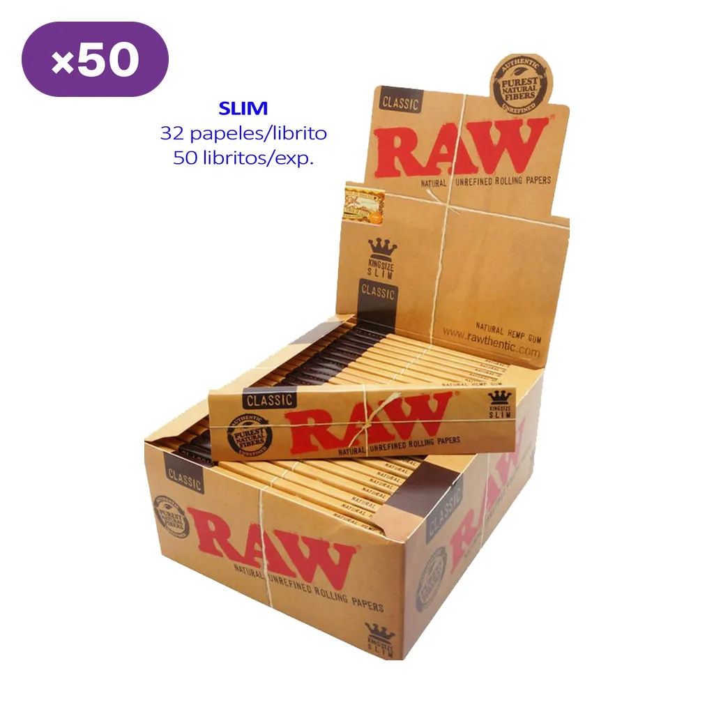 Expositor de papel de liar RAW Classic King Size Slim con varios libritos; el texto indica 32 papeles por librito y 50 libritos por caja.