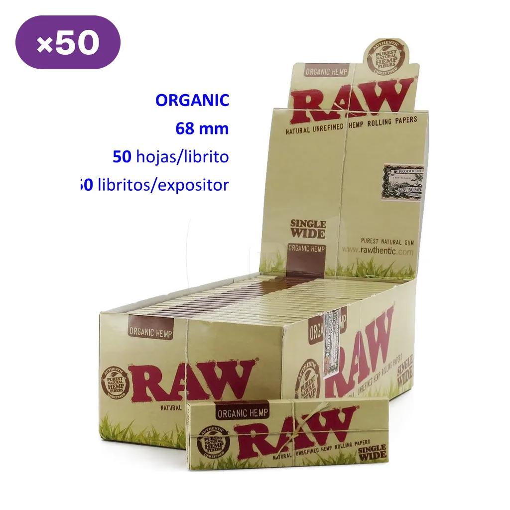 Expositor abierto de papel RAW Organic Hemp Single Wide con varios libritos, uno delante y textos que indican 50 hojas por librito y 50 libritos.