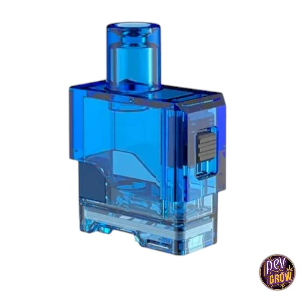 Cartucho de repuesto Lost Vape Orion Art Pod azul transparente, visto en perspectiva, con boquilla superior y pieza rectangular en un lateral.